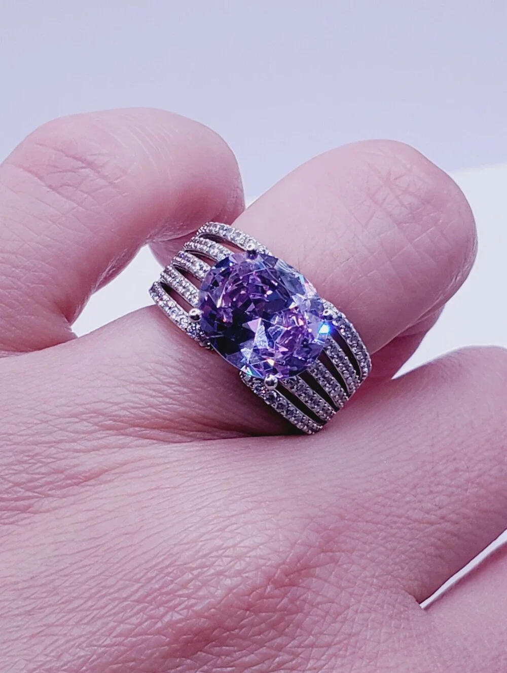 4.50 Carat Horizontally Set Oval Purple Stone - 925 Sterling Silver Ring